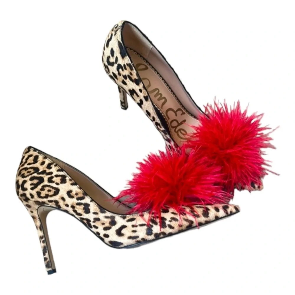 Sam‎ Edelman Leopard Print Heels with Red Feather Pom Poms Pointed Toe Size 6